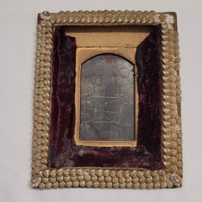 Antique Victorian Shellwork Tintype Photo Frame Folk Art Seashell Velvet 1800s picture