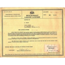 Vintage 1937 Pennsylvania Restaurant Liquor License Greensburg PA Tony Ficco picture