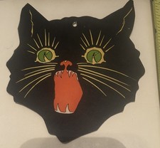 Vintage 1930s Halloween Screaming Black Cat Face Die Cut Cardboard Decoration picture