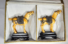 Antique PAIR Silver Saddles Tibetan Asian Carved Horse Boxed Set On Wood Stands picture