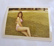  1970s Young Brunette Woman in Pink Bikini Swimsuit On Grass Park Vintage Photo picture