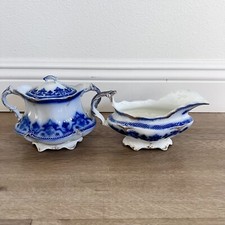 Antique C. 1886 W H Grindley Co. Flow Blue Creamer & Sugar Bowl With Lid - RARE picture