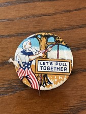 UNCLE SAM Let's Pull Together WWII Mechanical Pinback Button Hanging Hitler 1½