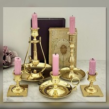 5 Vintage Solid Brass Candlesticks Taper Candle Sticks Mixed Lot Finger Loop picture