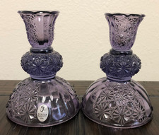 2 Vintage Fenton Amethyst/Purple Daisy Button Glass Candle Sticks/Holders/HTF picture