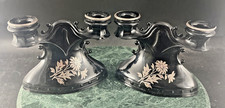 Vintage L.E. Smith Black Ruby Glass Double Candlesticks Silver Overlay Art Deco picture