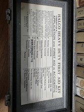 Vintage WW2 Era AE Halperin Halco Heavy Duty Metal First Aid Kit (Box&Contents) picture