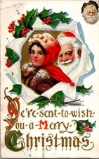 Antique 1912 Christmas Postcard Santa Claus Girl Holly Embossed Ephemera picture