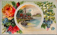 Forget Me Not Roses House Water Scene Postcard Embossed Posted c1912 picture