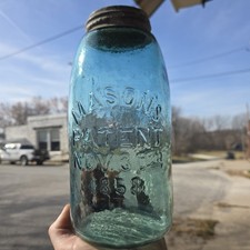 Heavily WHITTLED Half Gallon Mason’s Patent 1858 Antique Jar  picture