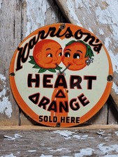 VINTAGE HARRISON PORCELAIN SIGN OLD HEART ORANGE SODA POP BEVERAGE JUICE DRINK picture
