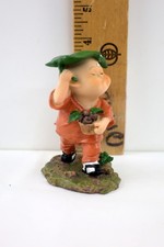 Vtg Bald Young Asian Monk Figurine Chinese Boy Walking in the Rain Leaf Umbrella picture