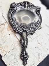 Antique ART NOUVEAU Silverplate Beveled HAND MIRROR, Cupid & Arrow Vanity Mirror picture