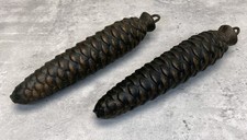 Pair Vintage Cast Iron Pine Cone Clock Weights 1193g & 1177g Black Forest German picture