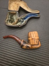 ANTIQUE MEERSCHAUM HAND HOLDING BOWL PIPE w CASE AMBER STEM picture