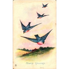 Vintage 1926 Swallow Birds Hearty Greetings Postcard Illustration picture