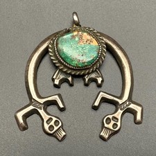 Vintage Navajo Native Kachina Naja Turquoise Sandcast Silver Pendant picture