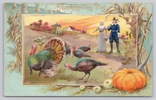 Vintage c1910 A Thanksgiving Day Pilgrims Turkeys Pumpkin Raphael Tuck Postcard picture