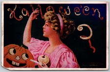 1908 Halloween Woman Apple Knife Jack-O-Lantern ANTIQUE Postcard 10326 picture
