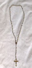 Rosary Beads abalone and brass cross light blue beads vintage made prayer beads picture