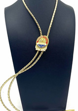 Vintage AMVETS American Veterans WWII Korea Vietnam Bolo Tie Gold Tone Enamel picture