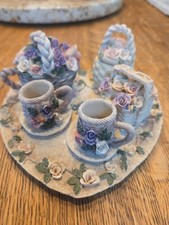 Vintage Resin Floral Purple N Pink Heart Miniature Tea Set picture