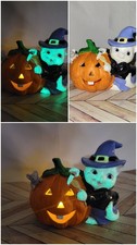 Vintage Hand Painted Ceramic Halloween Lighted Jack O Lantern with Kitty 4.5inch picture