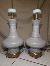 Pair Vintage Lightolier Heathered Taupe Pottery Table Lamps MCM Brass Wood picture