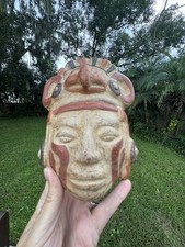 Vintage Aztec Clay Mayan Jaguar Priest Shaman Mask Folk Art Decor picture