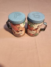 Vintage Blue Tin Salt and Pepper Shakers with Dog and Cat Illustrations picture