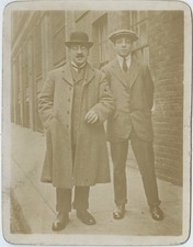 2 Men Bowler Hat Cap Overcoat Street Photography Fashion 1910s VTG RPPC Photo picture