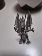 Vintage Solid Pewter Winged Dragon Figurine Red Rhinestone Eyes D&D Fantasy picture