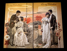 Lot of 2~Romantic Man & Woman~Hearts~Antique~PFB Valentine's Day Postcards~m142 picture