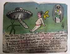VTG 1953 HP MEXICAN TIN RETABLO SAN JUDAS SAVE MAN FROM FLYING SAUCER ALIENS picture