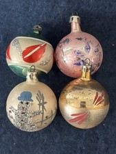 4 Vintage Polish Glass Round Ornaments SNOWMAN & Floral ABSTRACT 2.25”  picture
