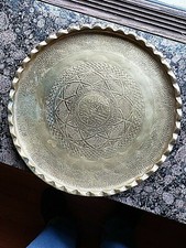  ANTIQUE PERSIAN MAMLUK REVIVAL BRASS TRAY / c 1900 / HANDMADE PIE CRUST EDGE picture