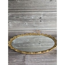 Vintage Gold Filigree Mirrored Vanity Tray Oval Rose Floral Perfume Decor 14x10 picture