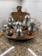 Vintage Meeuws Holland Pewter Tea Coffee Set MCM Rattan Handle Tray picture