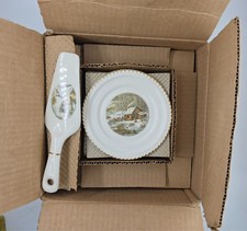 Vintage Harkerware Currier and Ives Dessert Set New Old Stock Plates Server Box  picture