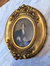 Antique 19th C Portrait of Lady Under Glass Ornate Gilt Floral Oval Frame 12” picture