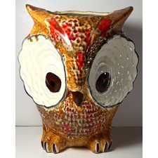 Vintage Ceramic Owl Vase Orange & Brown Textured Body Large White Eye Patches picture
