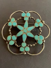 Vtg Zuni Dishta Style Turquoise Star Pin Brooch Signed Zuni NM picture
