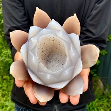 1.95LB Natural Agate Geode Carved Lotus Flower, Hand Carved Healing Crystal Home picture
