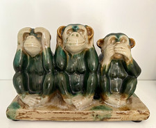 Vintage Three Wise Monkeys Hand Painted Glazed Ceramic Figurine Green/Beige picture