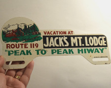 JACK'S MOUNTAIN LODGE ARIZONA ROUTE 119 PAINTED METAL TOPPER SIGN CAR 1950s picture