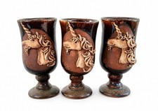 3 Vintage Studio Pottery Unicorn Whimsical Goblet Cups Folk Art Signed Elizabeth picture