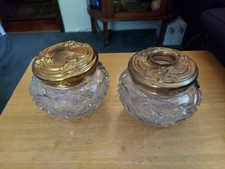 2 VTG FRENCH PRESSED CUT GLASS POWDER VANITY JARS GILDED BRASS LID c1925 vg picture