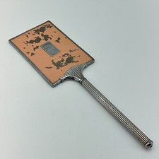 Vintage Art Deco Handheld Mirror Womens Square Silver Tone Peach Back 13.5in picture