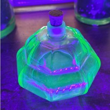 Vintage Antique 1930's Uranium Green Depression Glass Perfume Bottle w/ Cork Top picture