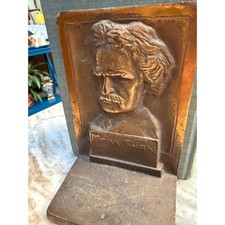 Vintage Mark Twain Cast Metal Bookend Copper Finish Literary Bust Americana picture